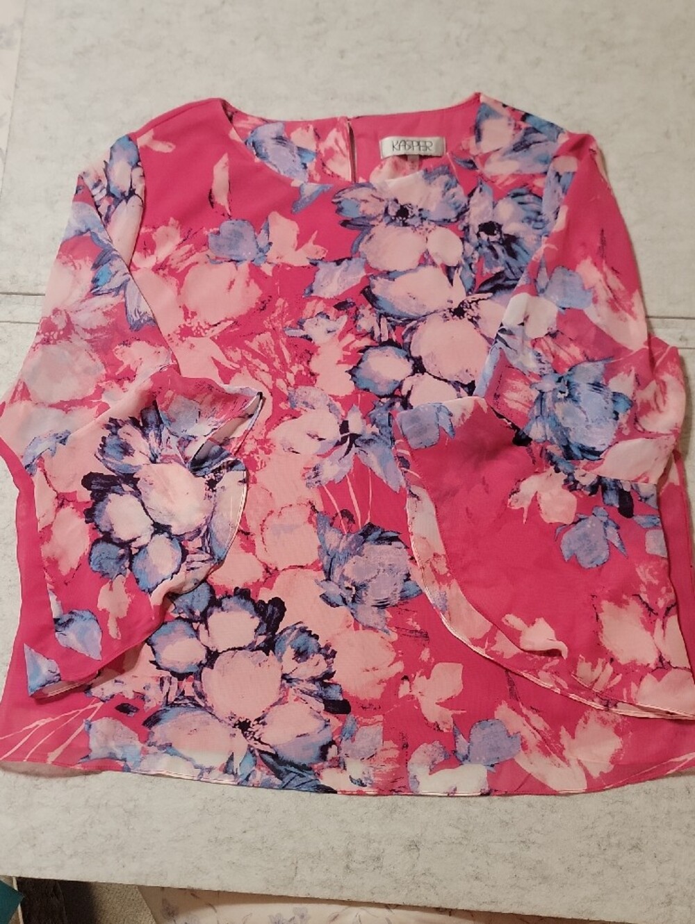 Kasper XL Pink Floral Chiffon Flounce Ruffle Sleeve Blouse Top - Picture 4 of 14